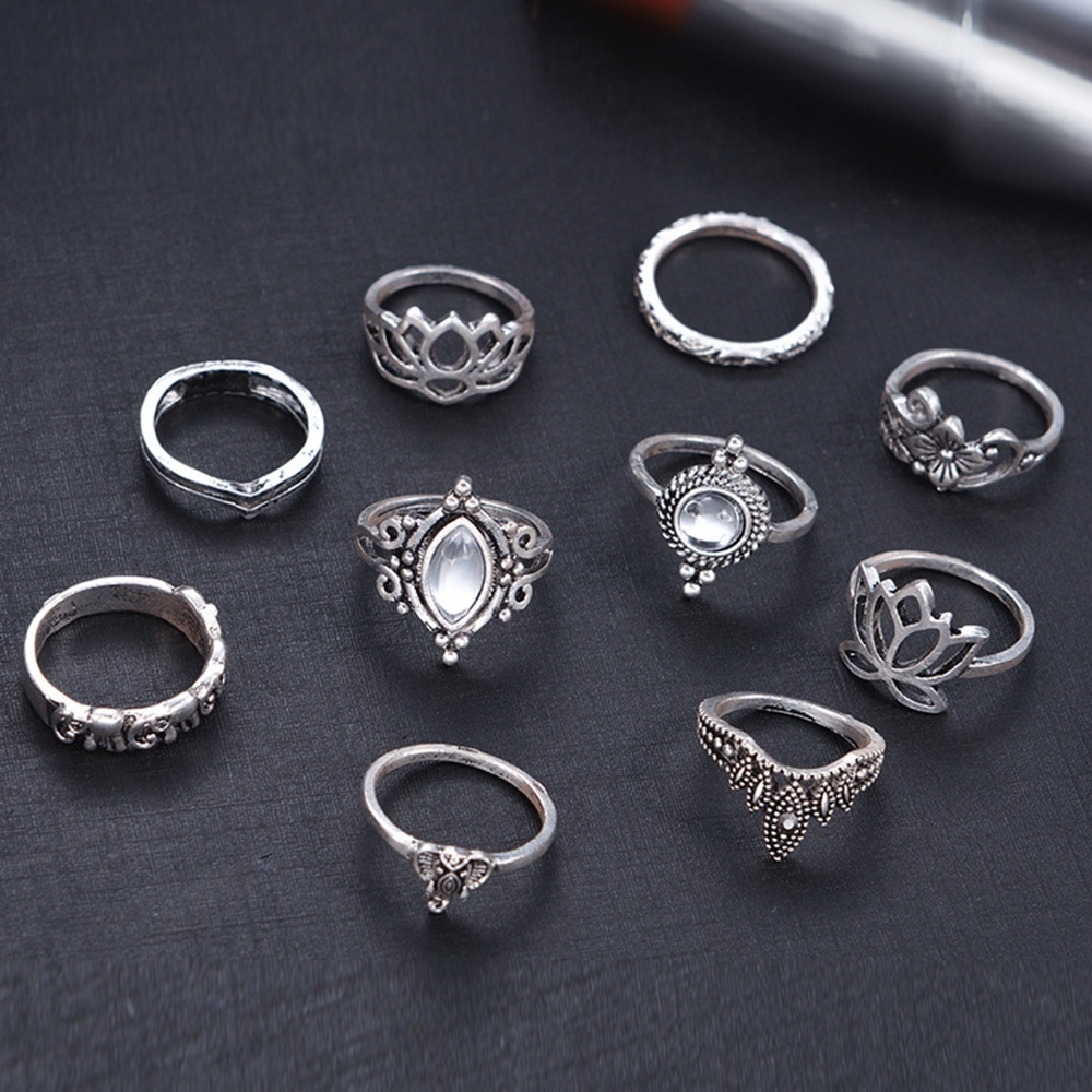 🌸10PC: SILVER MIDI KNUCKLE LOTUS RINGS BOHO OPAL - Picture 5 of 7